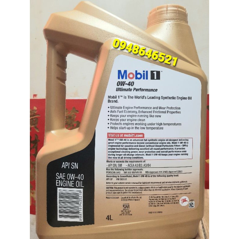 Dầu nhớt động cơ cao cấp Mobil 1 gold 0w40 singapore 4L🇸🇬