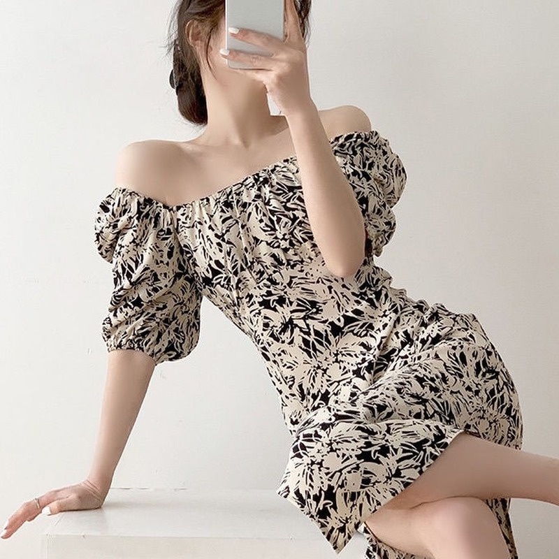 Đầm Trễ Vai In Hoa Phong Cách Retro Pháp Thời Trang Cho Nữ