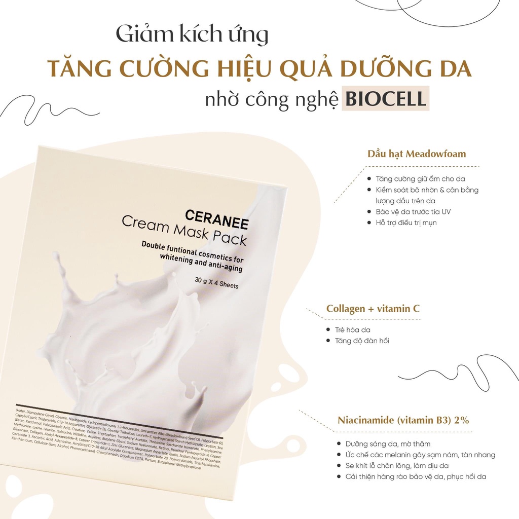 [Chính hãng] Mặt nạ Ceranee mặt nạ dừa tươi trắng da, dạng kem dưỡng chống lão hóa, phục hồi da Ceranee Hàn Quốc