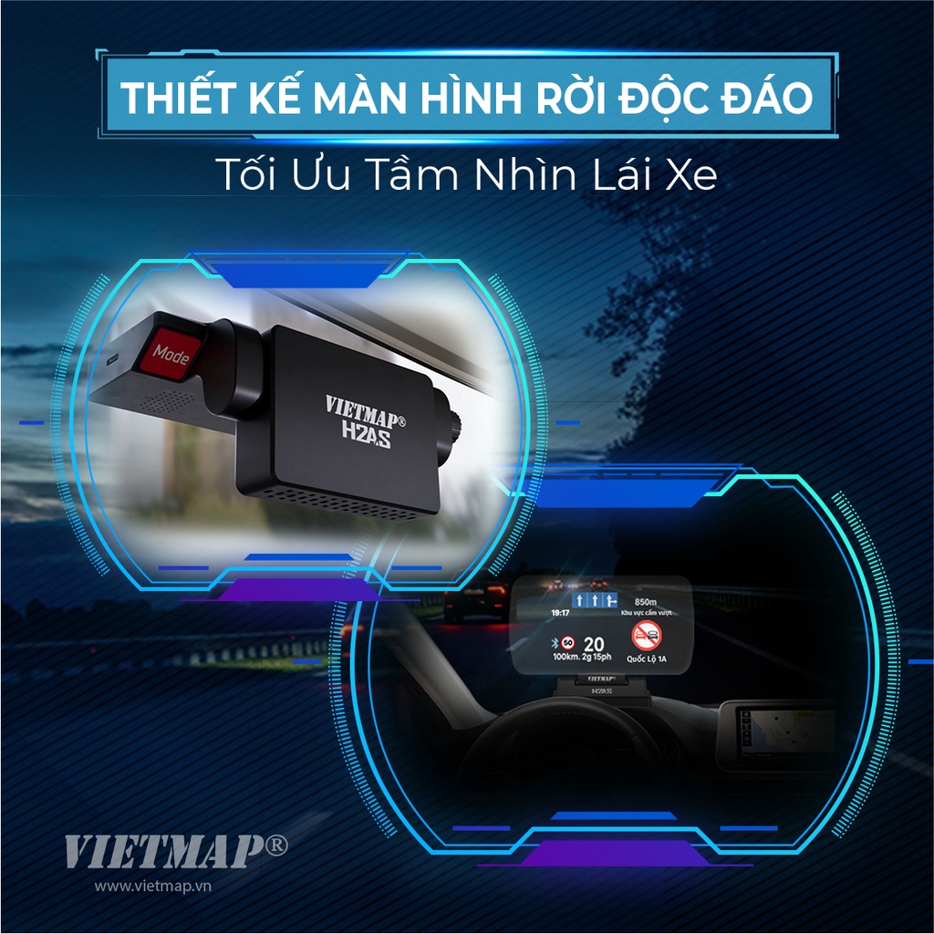 Vietmap H2AS - Màn hình HUD Cảnh báo giao thông dẫn đường Vietmap Live - Hàng chính hãng