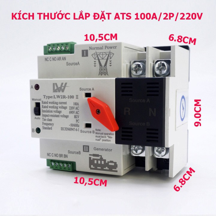 Bộ chuyển nguồn ATS 100A 2P 220V chuyển mạch nhanh không gây mất điện, cầu dao đảo chiều