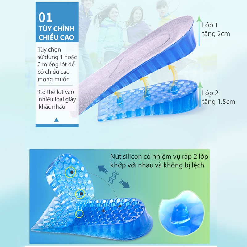 Bộ lót giày độn đế tăng 3.5cm chiều cao loại 2 lớp cấu trúc tổ ong bề mặt ép vải cotton êm chân - PK43