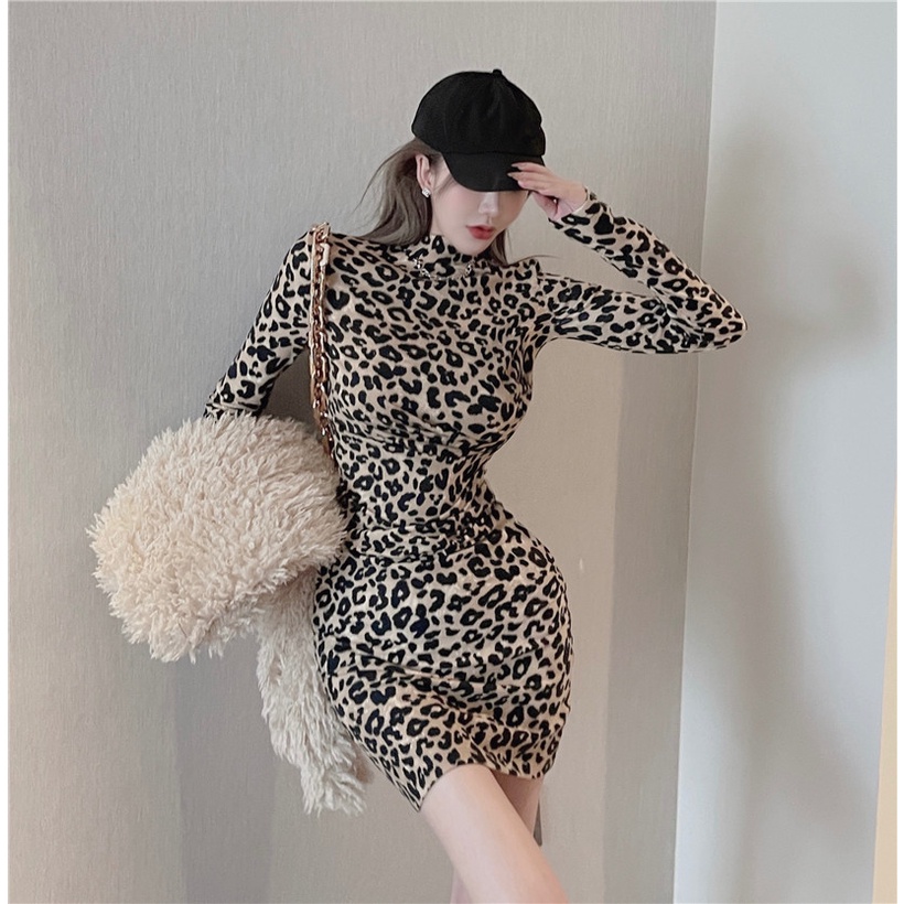 Đầm ôm dáng cổ tròn họa tiết da báo thời trang thu đông hàng mới