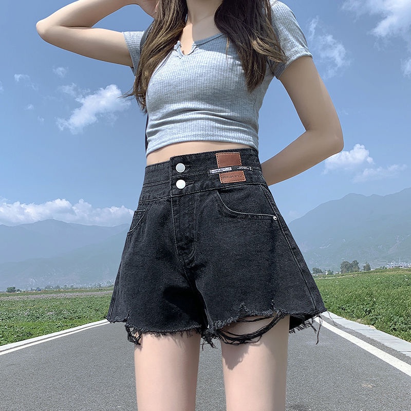 Quần jean lưng cao quần short nữ Quần Short Denim Lưng Cao Ống Rộng Phong Cách Hàn Quốc Cho Nữ