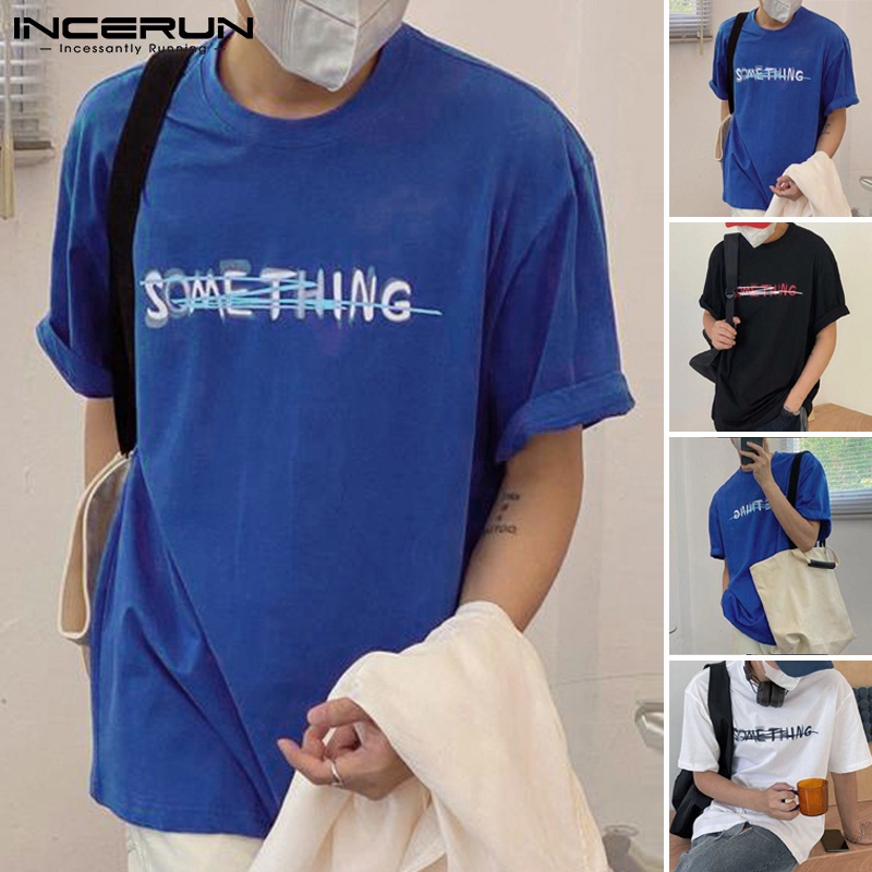 Áo thun INCERUN cổ tròn tay ngắn in họa tiết 3 màu sắc đơn giản cho nam
