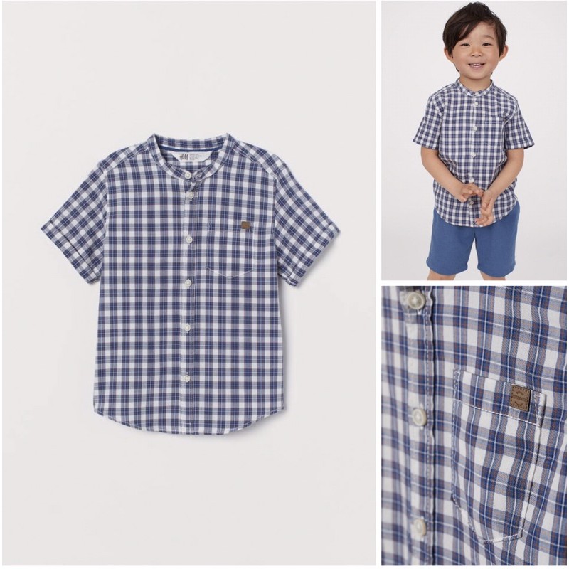 Áo sơm mi kẻ xanh đậm cổ tàu cho siêu yêu săn Us sz 5-6y