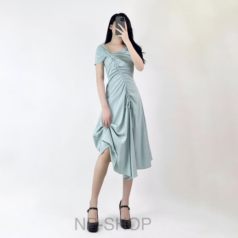 Đầm nữ trễ vai dáng xoè dài qua gối kiểu rút dây màu đen, trắng, xanh NPDAM005