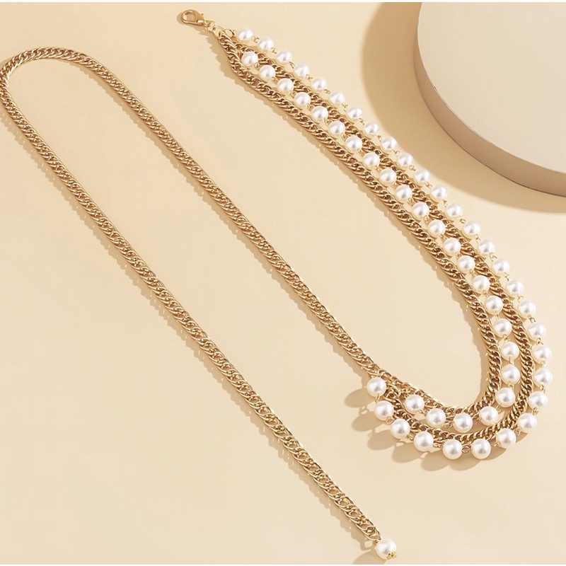Belt xích lồng dây đính ngọc trai nhân tạo/ Thắt lưng kim loại/ Đai váy thiết kế nhiều lớp cá tính dành cho phái nữ
