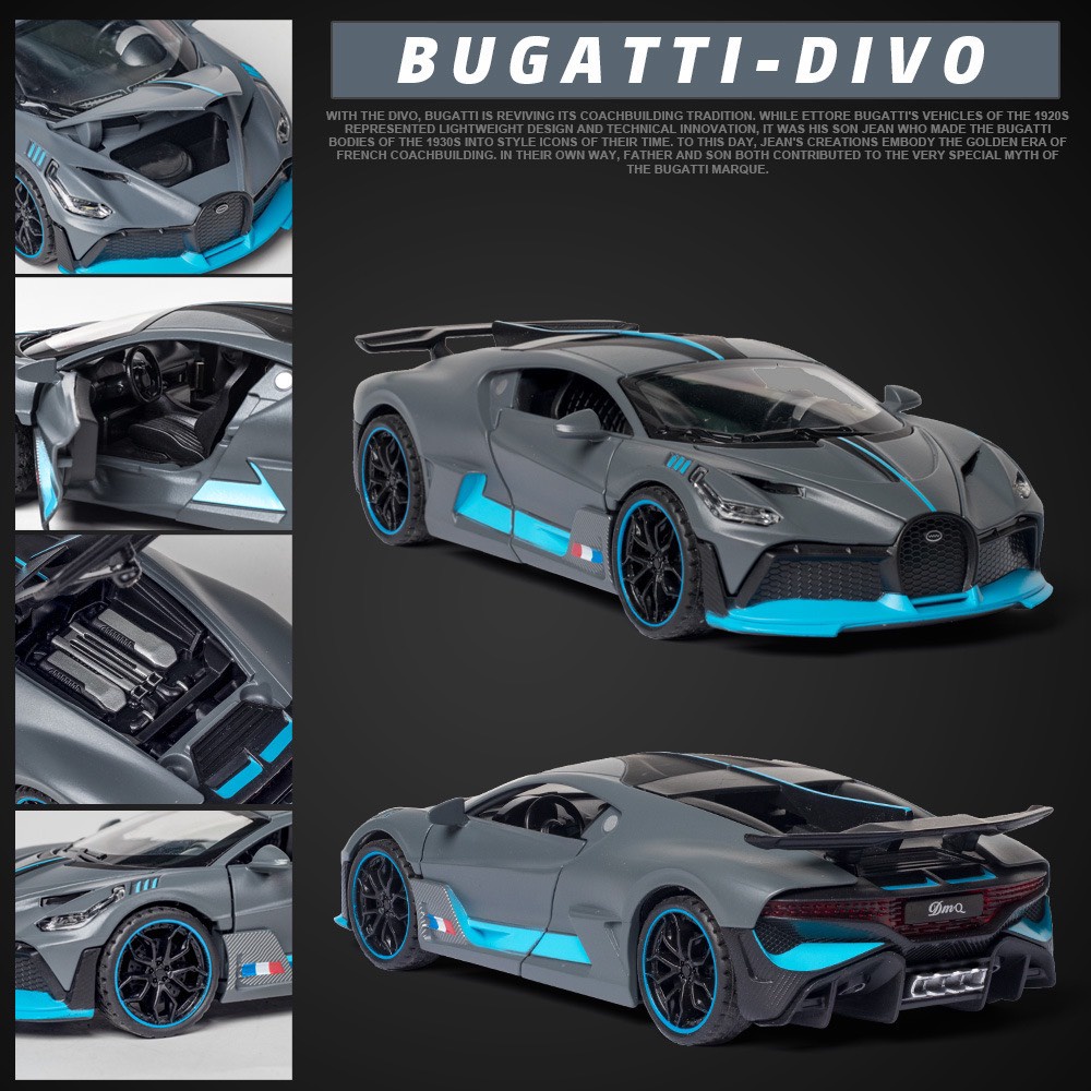 Xe mô hình ô tô BUGATTI - DIVO  tỉ lệ 1:18 bằng sắt xe chạy cót có âm thanh động cơ và đèn mở các cửa
