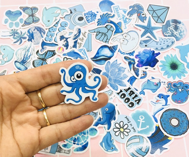 Sticker động vật biển set 30-50 cái ép lụa/hình dán màu xanh nước biển
