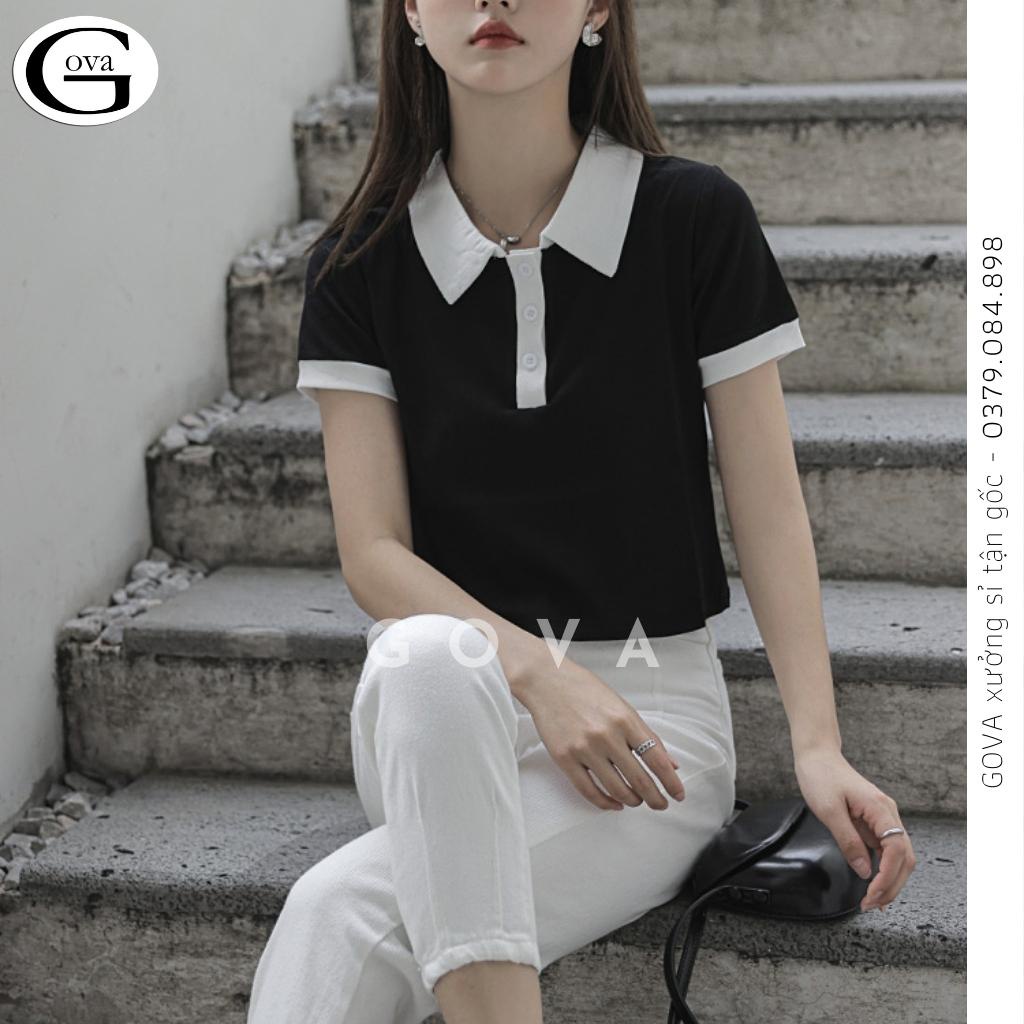 Áo Croptop CỔ POLO PHỐI Màu Đen Trắng Nữ, Áo Cổ Bẻ Tay Ngắn Đẹp GOVA