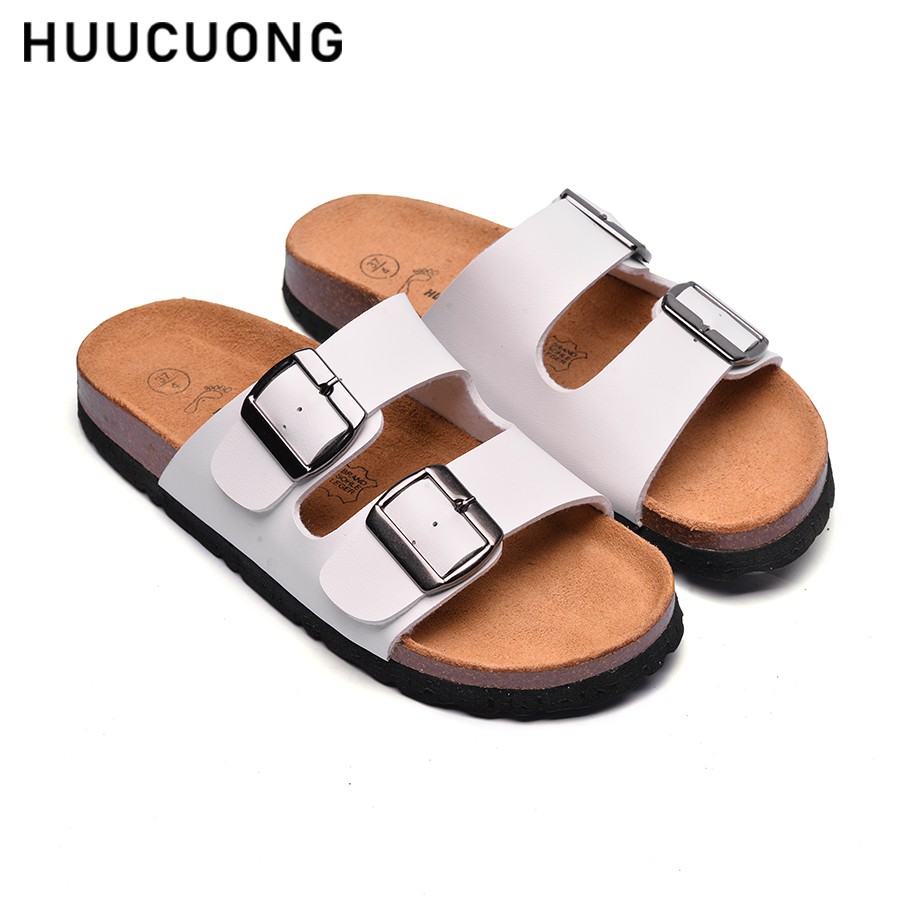 Dép nữ HuuCuong 2 khóa trắng đế trấu