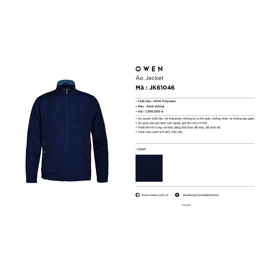 Áo Khoác Nam Owen JK61046 Jacket Dáng Suông Màu Xanh Navy Kẻ Sọc Trắng Bo Cổ Và Gấu Áo Tay Suông Tiện Lợi Chất Polyester