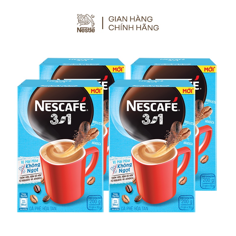 Combo 4 hộp cà phê hòa tan Nescafé 3in1 vị hài hòa không ngọt - công thức cải tiến (Hộp 20 gói x 10g)