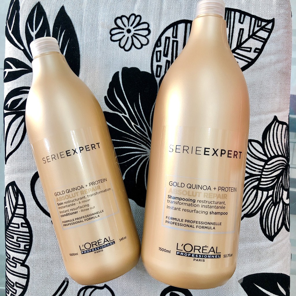 Bộ dầu gội xả phục hồi tóc L'oreal Serie Expert Gold quinoa + Protein Absolut Repair 1500ml/1000ml