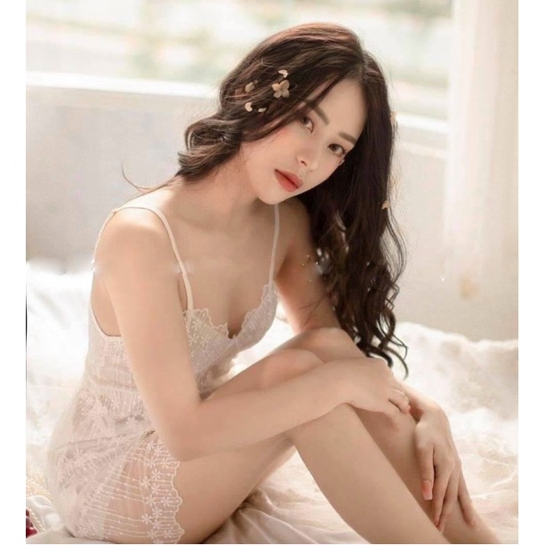 Váy ngủ sexy phối ren pha lê cao cấp, Đầm ngủ mặc nhà 2 dây gợi cảm quyến rũ