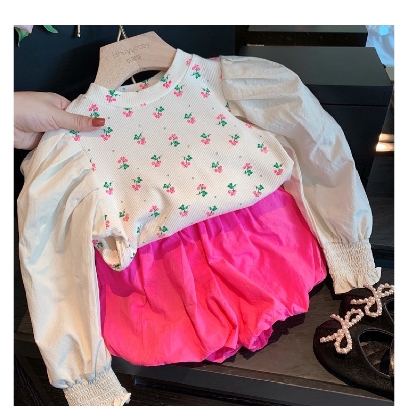 Set áo hoa nhí tay phồng mix quần phồng hồng xinh yêu Mia Store