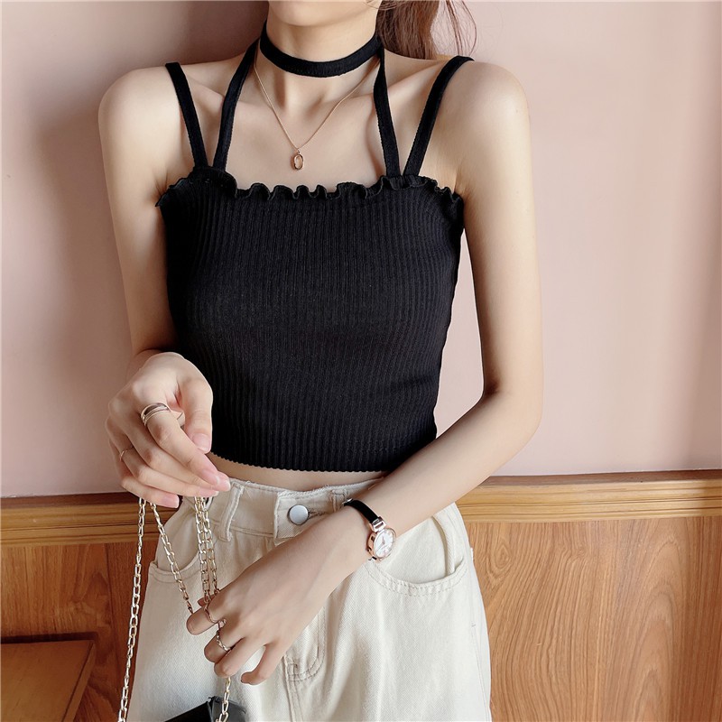 Áo croptop 2 dây chocker viền gợn sóng 2 màu đen trắng cá tính -ACN13