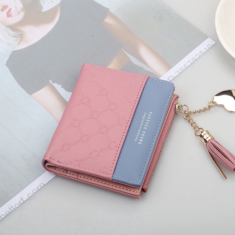 Ví Tiền Dáng Ngắn Có Khóa Kéo Phối Màu Tương Phản Thời Trang Cho Nữ