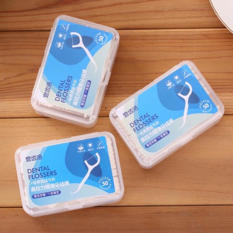 Tăm chỉ nha khoa hộp 50 cái sọi chỉ mảnh, bảo vệ răng miệng