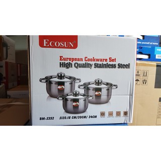 Bộ nồi inox ecosun bm-s352/ bộ 3 nồi 18-20-24cm/ dùng bếp từ, bếp ga