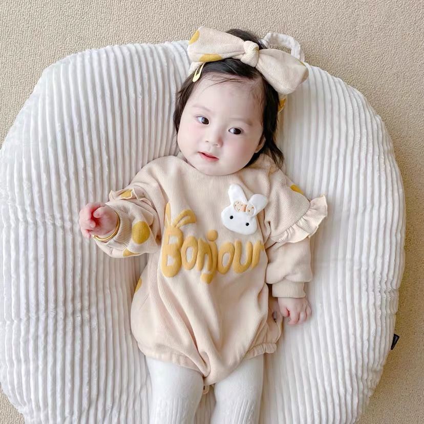 Bộ áo liền quần tay dài in hình thỏ dễ thương dành cho bé gái sơ sinh