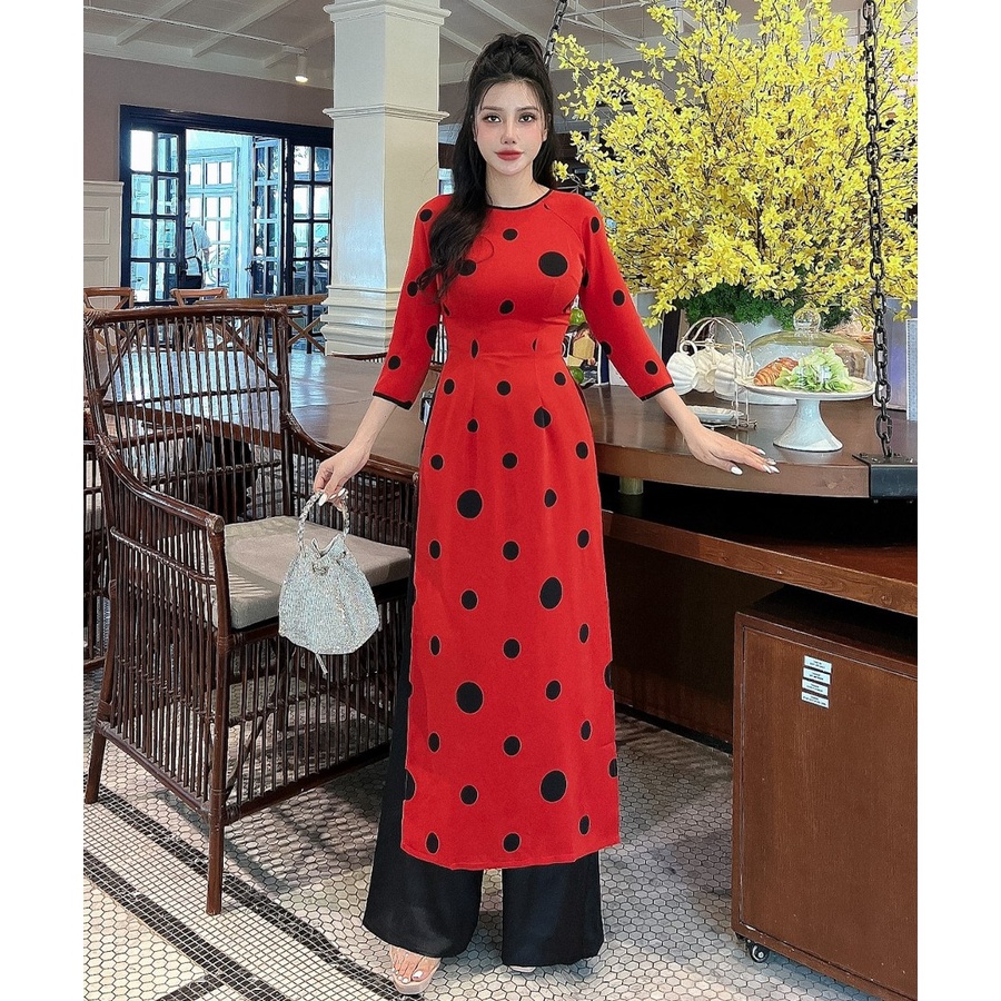 Áo dài cách tân chấm bi cách điêu viền cổ AD050 -Lady Fashion