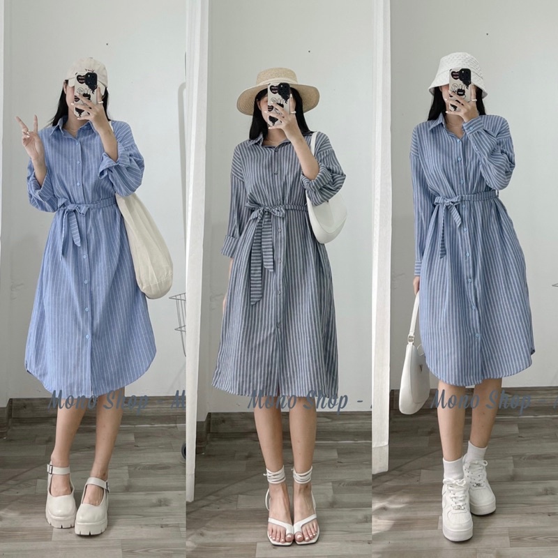 Váy sơ mi kẻ sọc dọc kèm dây cột eo Ảnh thật/ sẵn