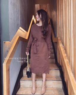 Váy len trễ vai buộc đai