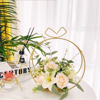 Lẵng hoa sắt decor tròn màu vàng có nơ LAHS2 giỏ hoa treo tường trang trí nhà cửa không kèm hoa