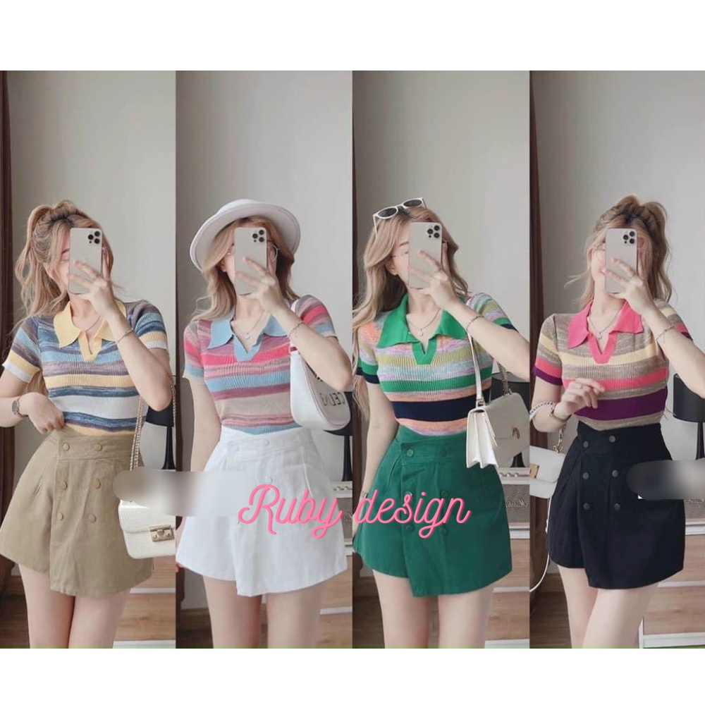 Áo len nữ áo len mongtoghi croptop sọc 7 màu cổ bẻ cao cấp phong cách Hàn quốc trẻ trung năng động cá tính Ruby design