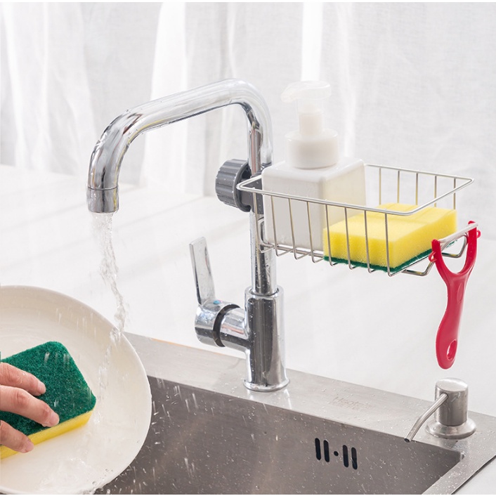 Giá để đồ gắn vòi rửa bát inox xoay 360 độ đa năng tiện dụng giỏ treo bồn rửa bát