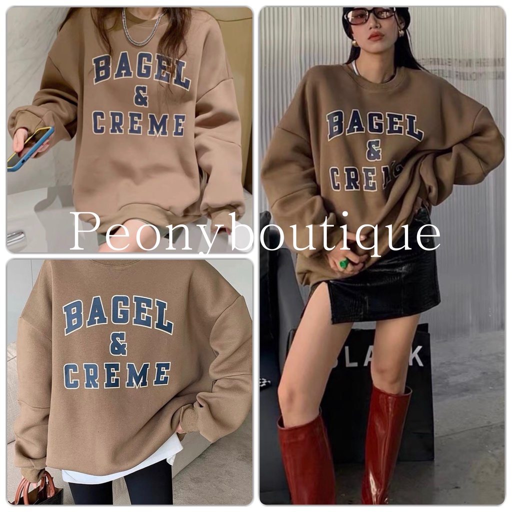 Áo Nỉ Bagel Nâu PEONYB Nữ [FREESHIP]  Sweater form rộng tay bồng in chữ đẹp, hoodie thun ấm mùa đông cá tính Ulzzang