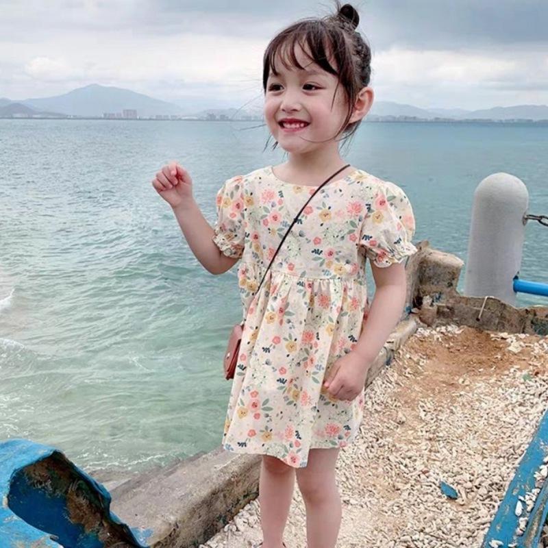 Đầm Cổ Tròn Tay Phồng In Hoa Cho Bé Gái