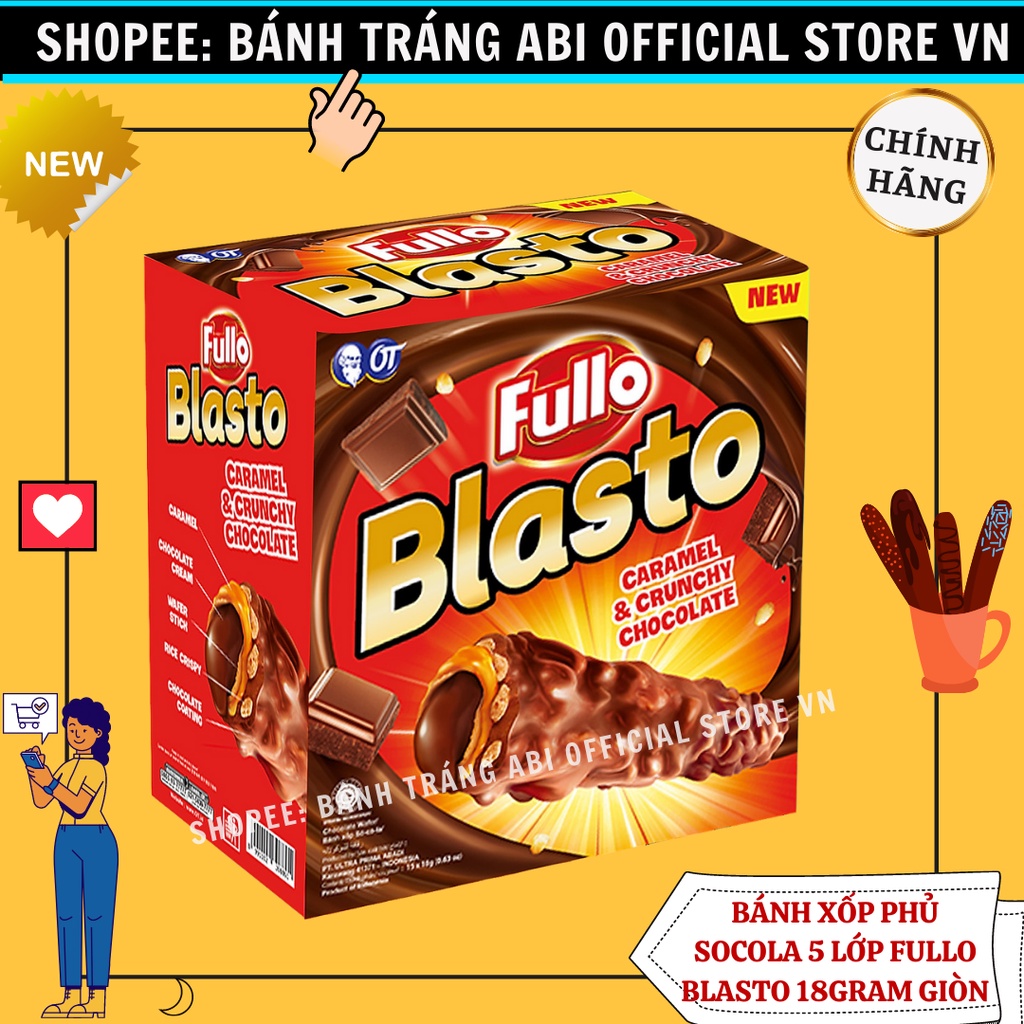 Bánh xốp ống socola 5 lớp giòn Fullo BlastoHàng nhập Indonesiacây 18g