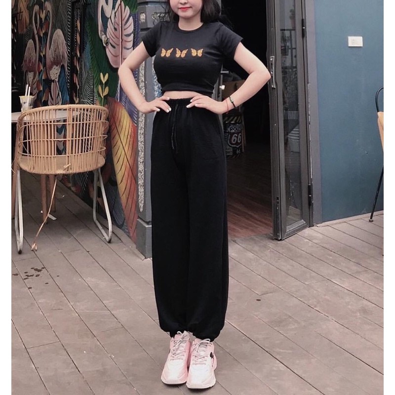Sét áo croptop bướm vàng+quần bom đen TT12