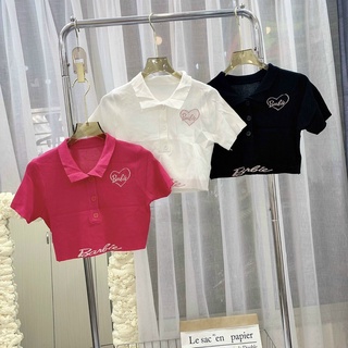 Áo polo nữ,Áo thun gân nữ cổ trụ tay ngắn croptop thêu trái tim Babie -ảnh cận vải cuối Mc150