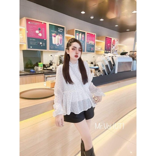 Áo sơ mi voan chấm bi có lớp lót trong hàng quảng châu xinh