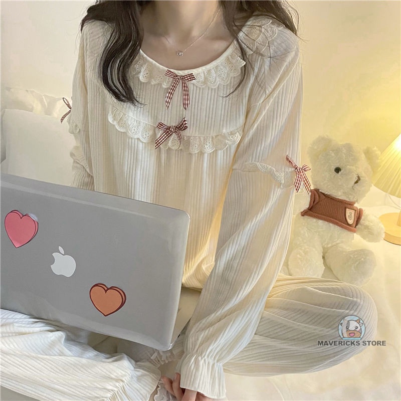 Bộ đồ ngủ tay dài phối ren thời trang xuân thu dành cho nữ