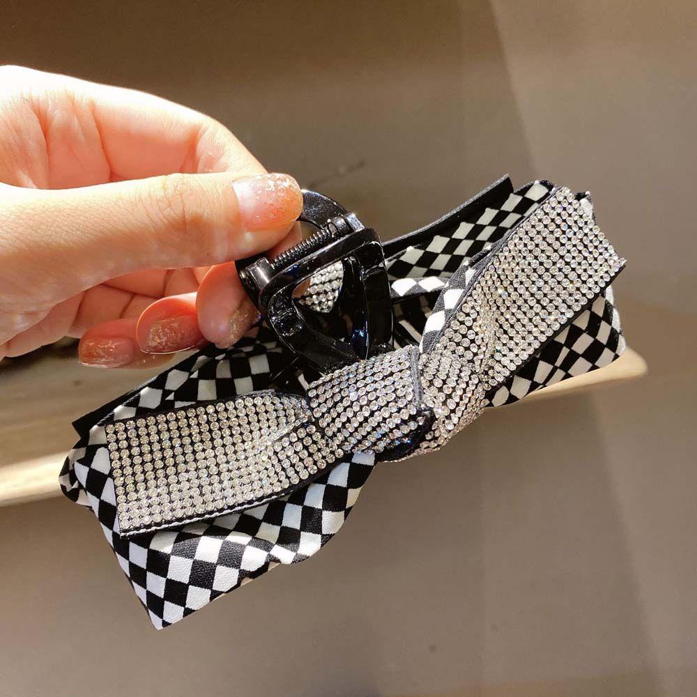 JARRED Kẹp Tóc Nơ Họa Tiết Kẻ Ô Đính Đá Màu Trắng Đen Thời Trang Cho Nữ