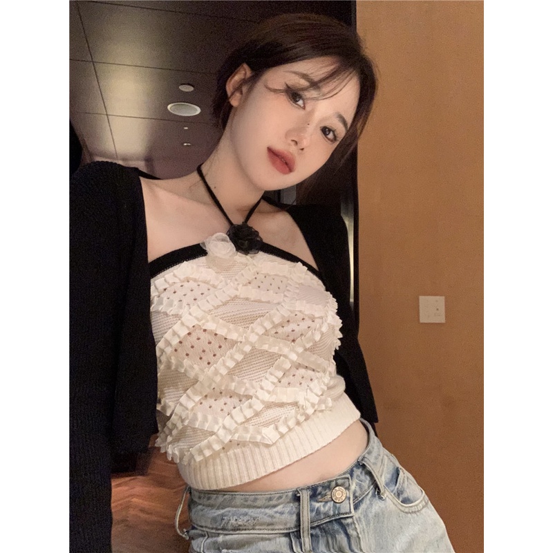 Bộ Áo Khoác cardigan Hai Dây Dệt Kim + Áo Khoác cardigan Màu Đen Phong Cách Hàn Quốc Thời Trang Cho Nữ