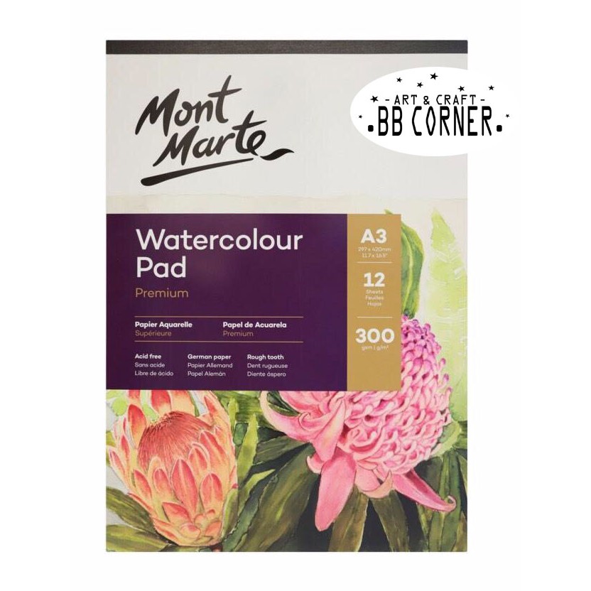 Giấy vẽ màu nước Mont Marte 300gsm dạng pad 12 tờ