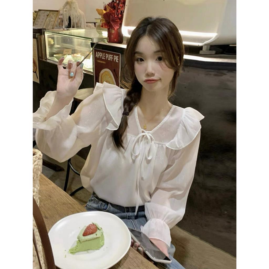Áo Kiểu Tiểu thư cổ V thắt dây nơ nhún bèo vai phong cách VINTAGE tay dài