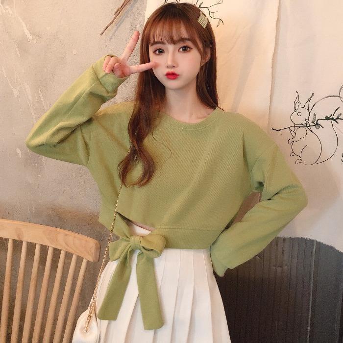 Áo Sweater Cotton Mỏng Tay Dài Dáng Rộng Lưng Cao Màu Trơn Thời Trang Hàn Quốc 2022 Cho Nữ