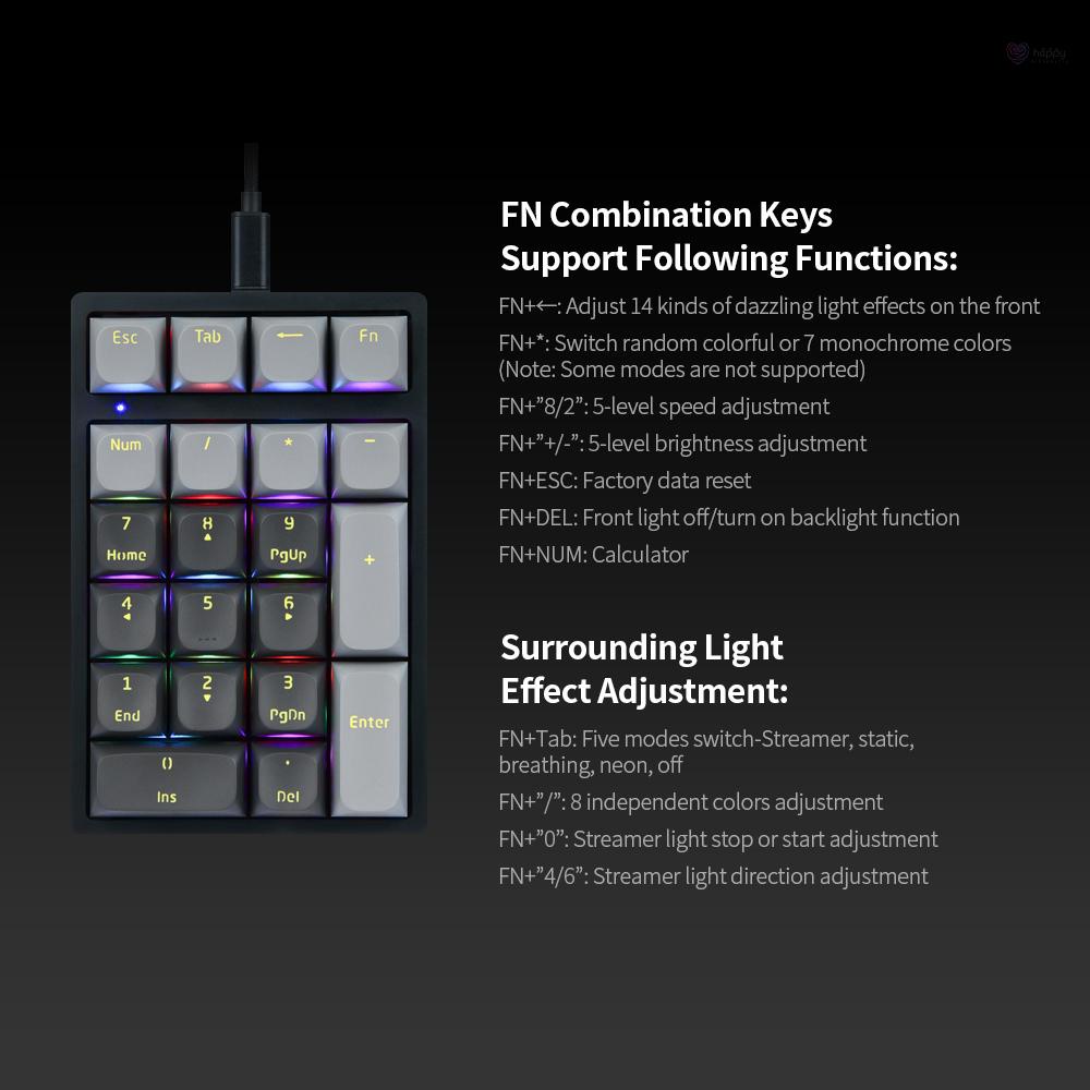 Bàn phím cơ Darmoshark K3 21 phím có dây cáp dữ liệu có thể tháo rời