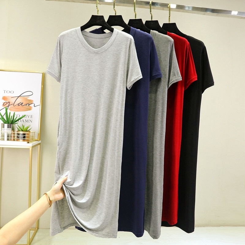 Đầm Ngủ Cotton Tay Ngắn Cổ Chữ V Dáng Rộng Màu Trơn Thoải Mái Thời Trang Mùa Hè Cho Nữ
