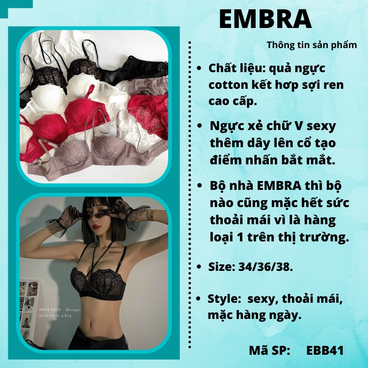 Bộ đồ lót EMBRA có gọng quả ngang cao cấp dây kéo ngực chữ V 4 màu mã EBB41