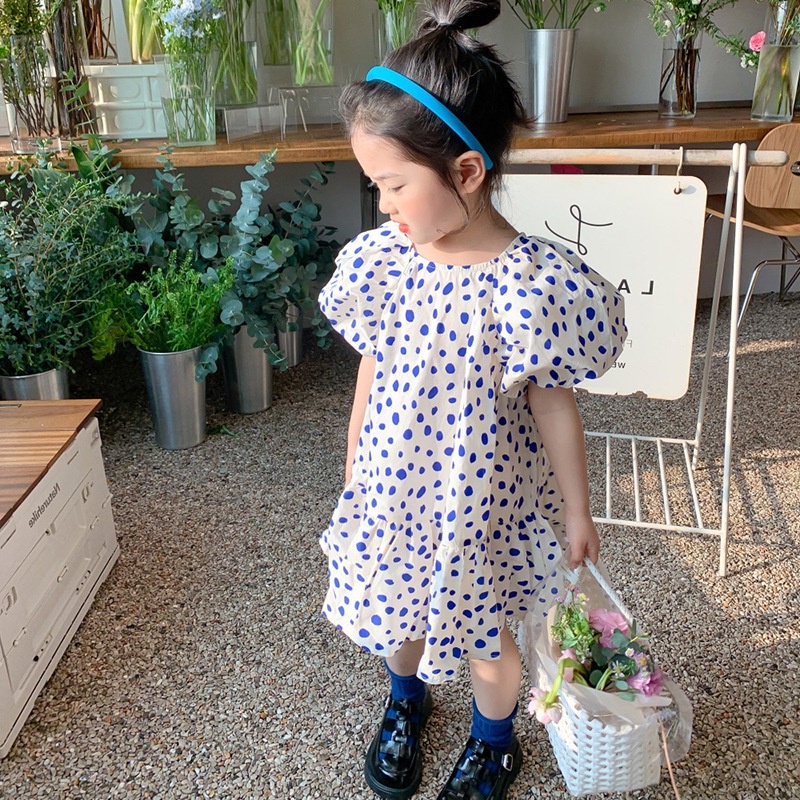 Đầm Công Chúa Tay Phồng Cổ Tròn Họa Tiết Chấm Bi Màu Trắng Xanh Dương Phong Cách Phương Tây Dễ Thương Thời Trang Mùa Hè Cho Bé Gái