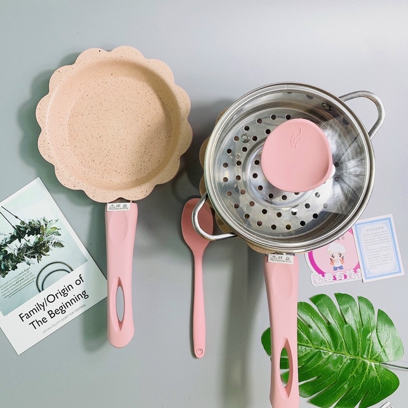 Bộ Nồi Chảo Đá Hoa Cho Bé Ăn Dặm, Nồi Chảo Ăn Dặm Cho Bé Kèm Xửng Hấp 16cm Tặng Kèm Quà