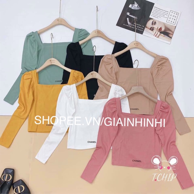 Áo phông thêu chữ CN, Áo thun cổ vuông bồng vai tay dài CS1167 - NhiNhiShop | BigBuy360 - bigbuy360.vn